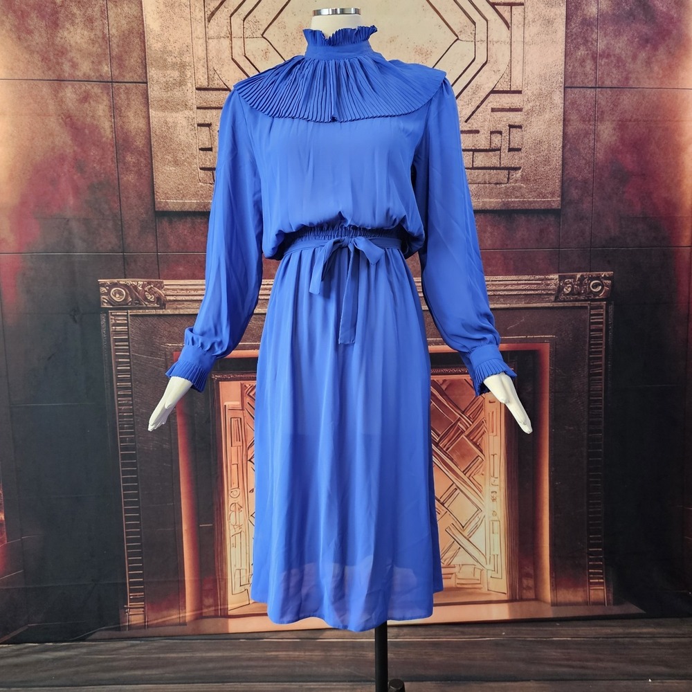 Vintage 1970s Dress Blue Silky Pleated Collar Bow Tie Belt Retro Feminine 80's